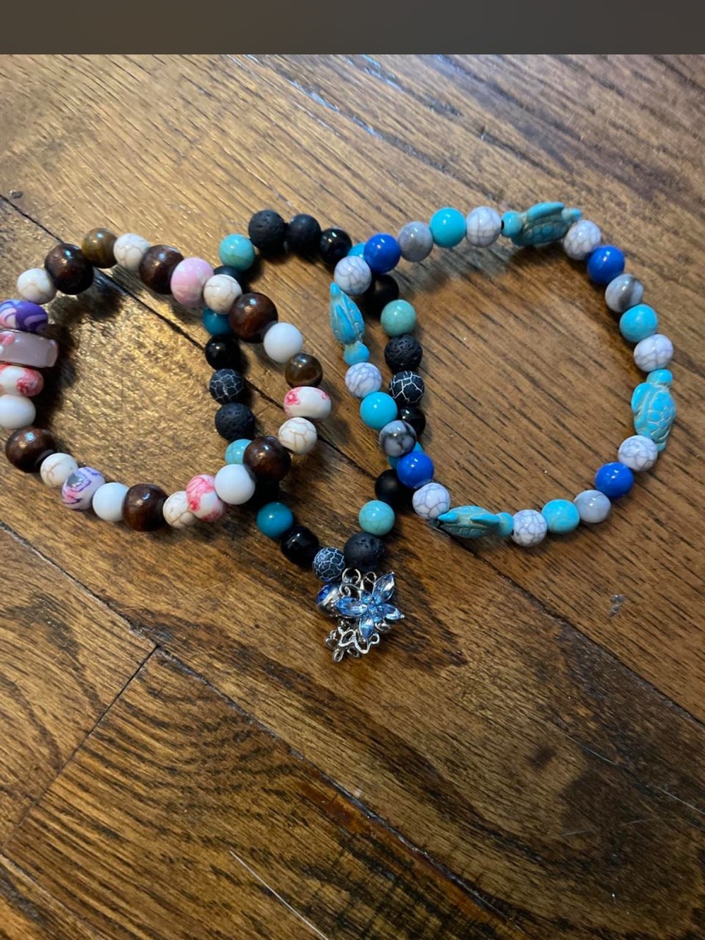 Women's Turquoise and Blue Beaded Bracelet Set - Three Stretch Bracelets